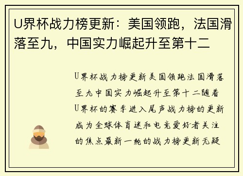U界杯战力榜更新：美国领跑，法国滑落至九，中国实力崛起升至第十二