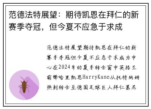 范德法特展望：期待凯恩在拜仁的新赛季夺冠，但今夏不应急于求成
