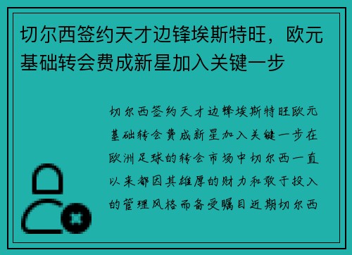 切尔西签约天才边锋埃斯特旺，欧元基础转会费成新星加入关键一步